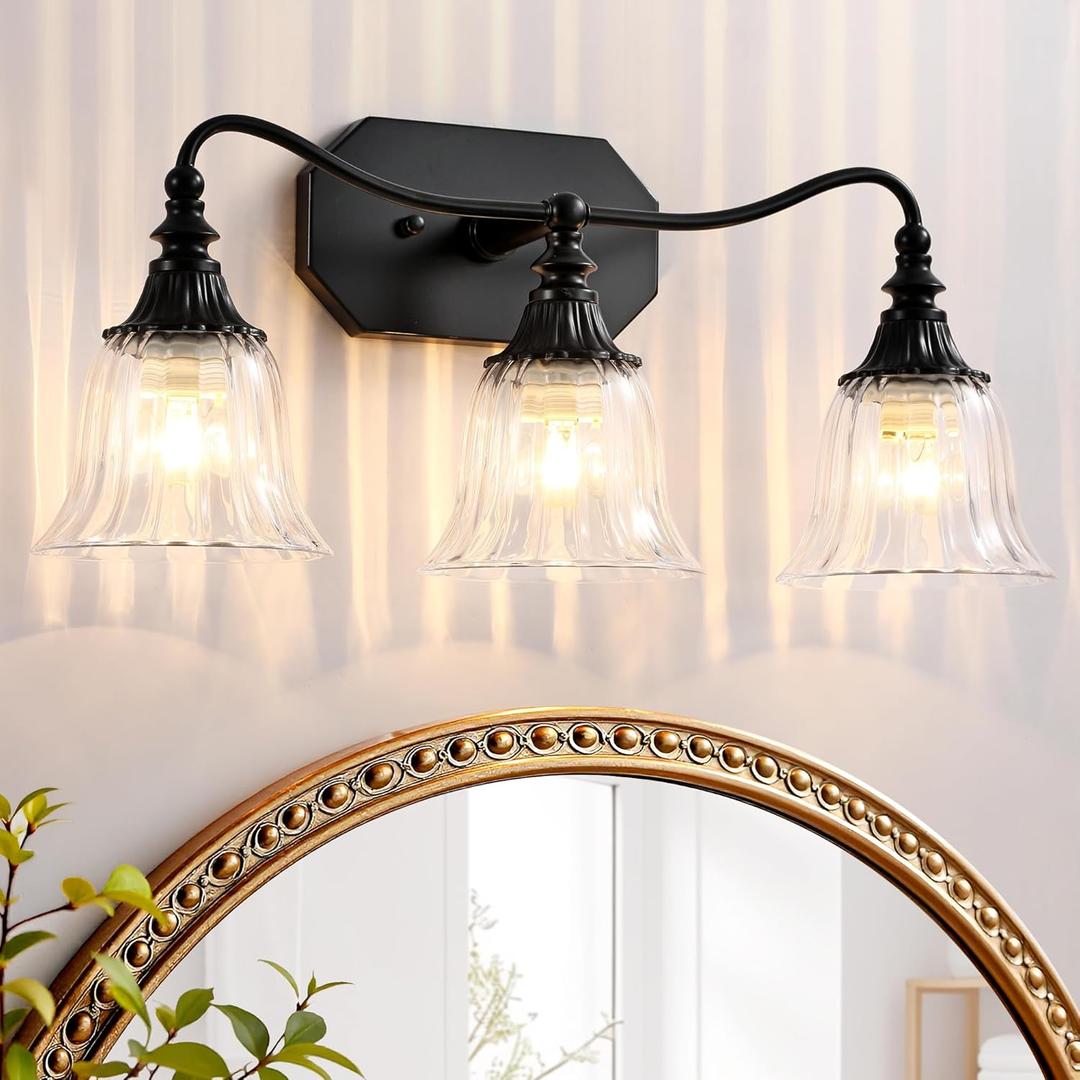 LmnLvn Bathroom Vanity Black Vintage Light Fixture, 3 Lights Bathroom Lighting Matte Antique Brass Finish with Crystal Glass Shade, Black Vintage Vanity Light for Bathrooms
