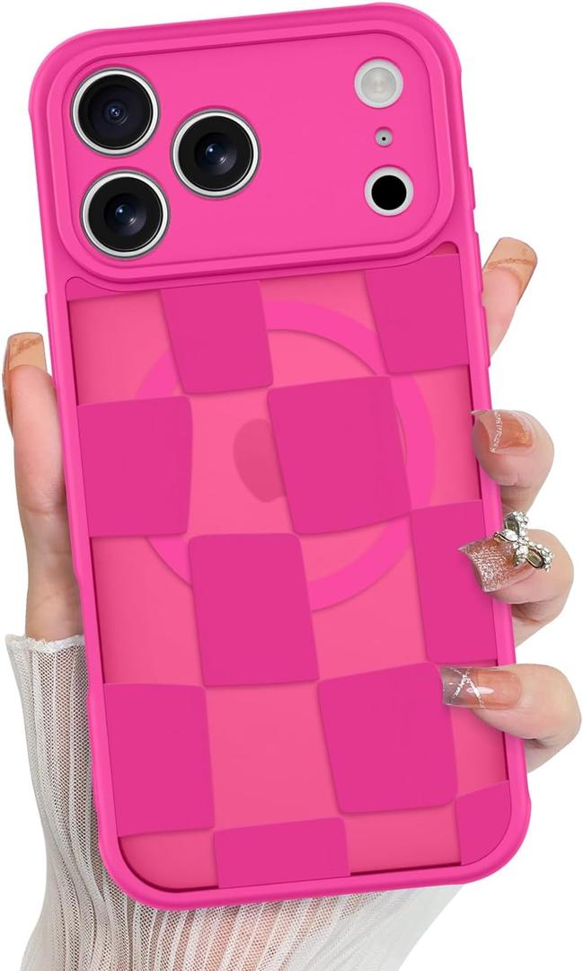 KANGHAR for iPhone 17 Pro Max Case 2025 Checkered Matte Aesthetic Cute Pattern Magnetic [Compatible with Magsafe] Slim Shockproof Full Body Protection for Girls Women -Hot Pink