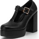 Coutgo Womens' T-Strap Round Toe Chunky Platform Heels Patent Mary Jane Dress Shoes (8, Burgundy)