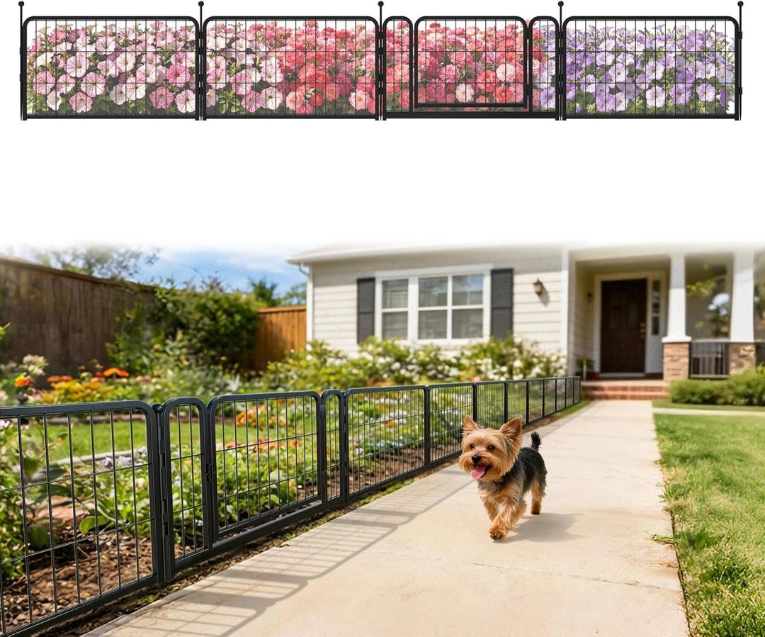 FXW Garden Fence Outdoor for The Yard  17in(H) x 9.8ft(L) Heavy Duty Metal Animal Barrier for Dog, No Dig Decorative Dog Fence, 4 Panels, Black
