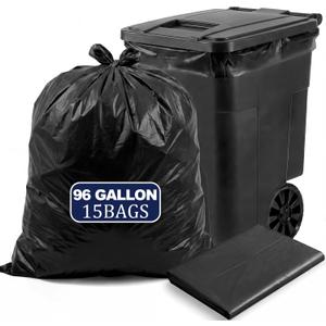 AmazingSpark 95-96 Gallon Extra Large Trash Bags, 15 Count Heavy Duty Garbage Can Liners, 61" x 68" Tear-resistant Trash Bags for Large Rollaway Bins, Outdoor Yard Waste, Black
