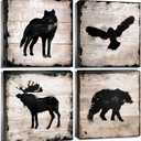 Cabin Wall Decor Wildlife Wall Art Woodland Nursery Bear Pictures for Living Room Rustic Farmhouse Animals Poster Moose Wolf Eagle Deer Artwork Canvas Prints Bedroom Lodge Home Decorations 12x12" 4P