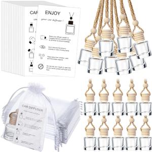 Boao 25 Sets Hanging Car Air Freshener Diffuser Bottles Empty Bulk with Car Diffuser Instruction Cards Organza Bags Glass Refillable Essential Oil Fragrance Aromatherapy Pendant (Cylindrical)