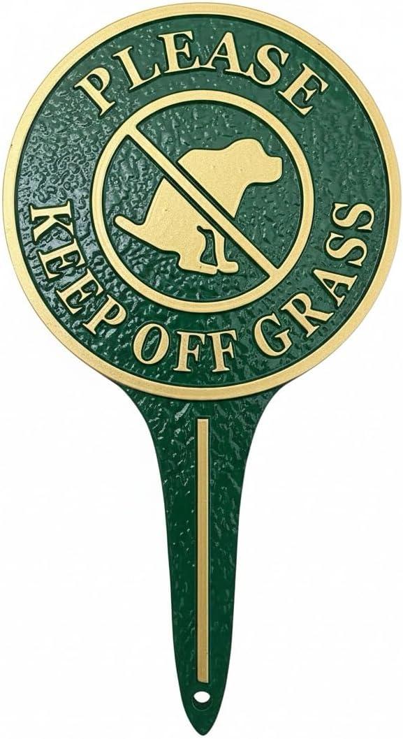 "Please Keep Off Grass" Yard Sign, Green Metal Lawn Garden Decor with Dog Silhouette, Heavy-Duty 11.22" x 6.18" Round Sign with Raised Letters, Integrated Ground Stake for Easy and Stable Installation.