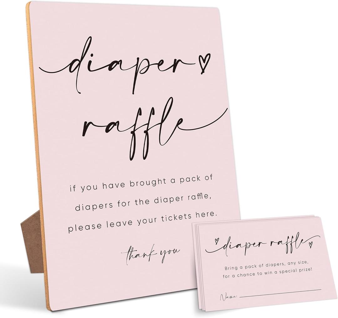 Baby Shower Diaper Raffle Game,Baby Shower Games,Baby Shower Decorations,Baby Shower Signs,Gender Reveal Decorations,1 Wooden Play Sign with Stand and 50 Diaper Raffle Tickets SetPink08