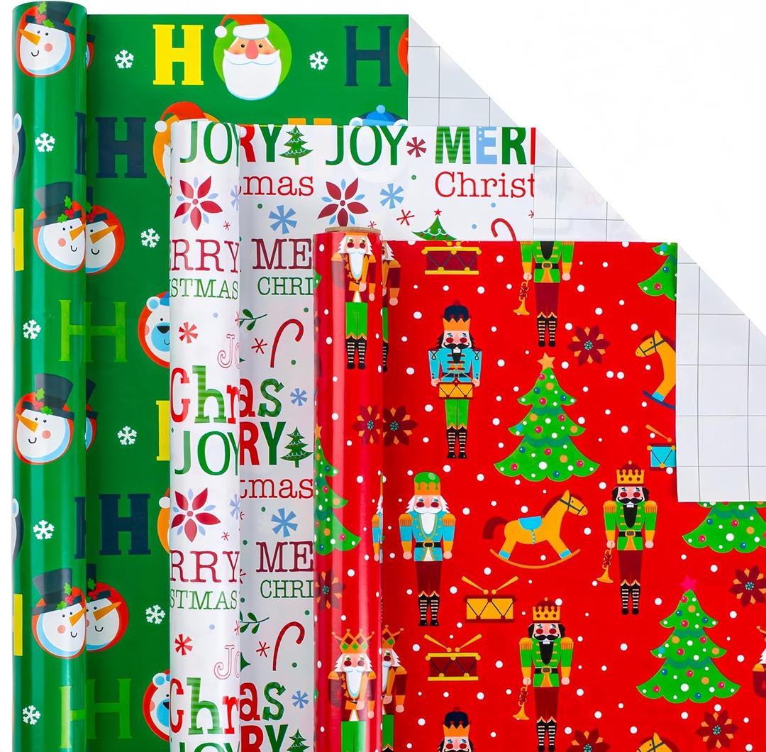 Afucus Nutcracker, Candy Cane, Snowflake Santa Gift Wrapping Paper Roll - Christmas, Holiday, Birthday (17 Inch X 33 Feet) (Christmas-Red Green White)