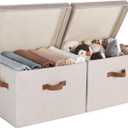 StorageWorks Fabric Storage Bins with lid, Decorative Boxes for Shelves, Closet Organizer Basket with Handles, Jumbo, Brown and Beige, 2-Pack