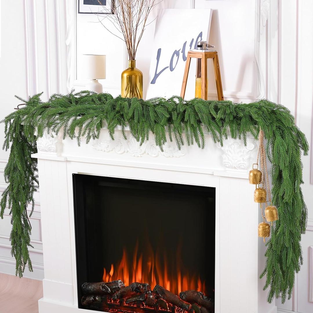 Hananona 2 Pcs 6 Ft Artificial Norfolk Pine Garlands, Real Touch Winter Pine Garland, Green Artificial Greenery Garland for Table, Mantle, Wall, Indoor, Outdoor Christmas Decorations (2, 6 FT)
