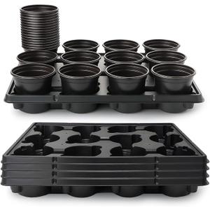 96 Pcs 4 inch Seedling Pots and 8 Pcs 12 Cell Reusable Plastic Nursery Pots Trays Thick Sturdy Seeds Starting Germination Carrying Trays Black Small Planter Nursery Propagation 8 Sets(Black)