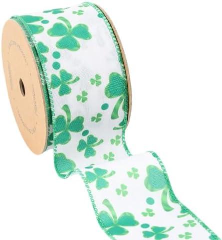 LaRibbons St Patricks Day Ribbon 2.5 Inch x 10 Yards, Green and White Shamrock Ribbon Wired for Crafts Wreath Bow Gift Wrapping DIY Decoration