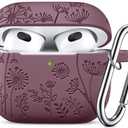 Lerobo for AirPods 3rd Generation Case Cover,Stylish Flower Engraved Compatible with Apple AirPods 3 Case Cover Cute for Women Men,Soft Silicone Protector with Keychain, Front LED Visible,Smokey Mauve