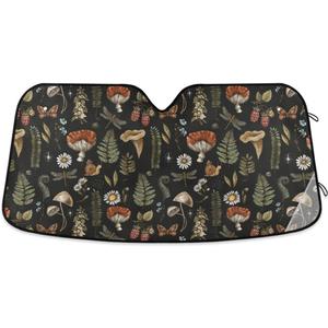 Mushroom Car Windshield Sun Shade Fern Forest Plants Botanical Car Sun Visor for UV Rays and Sun Heat Protection Vintage Woodland Nature Flowers Blocks Heat Foldable Summer Sun Shield 55x28 in