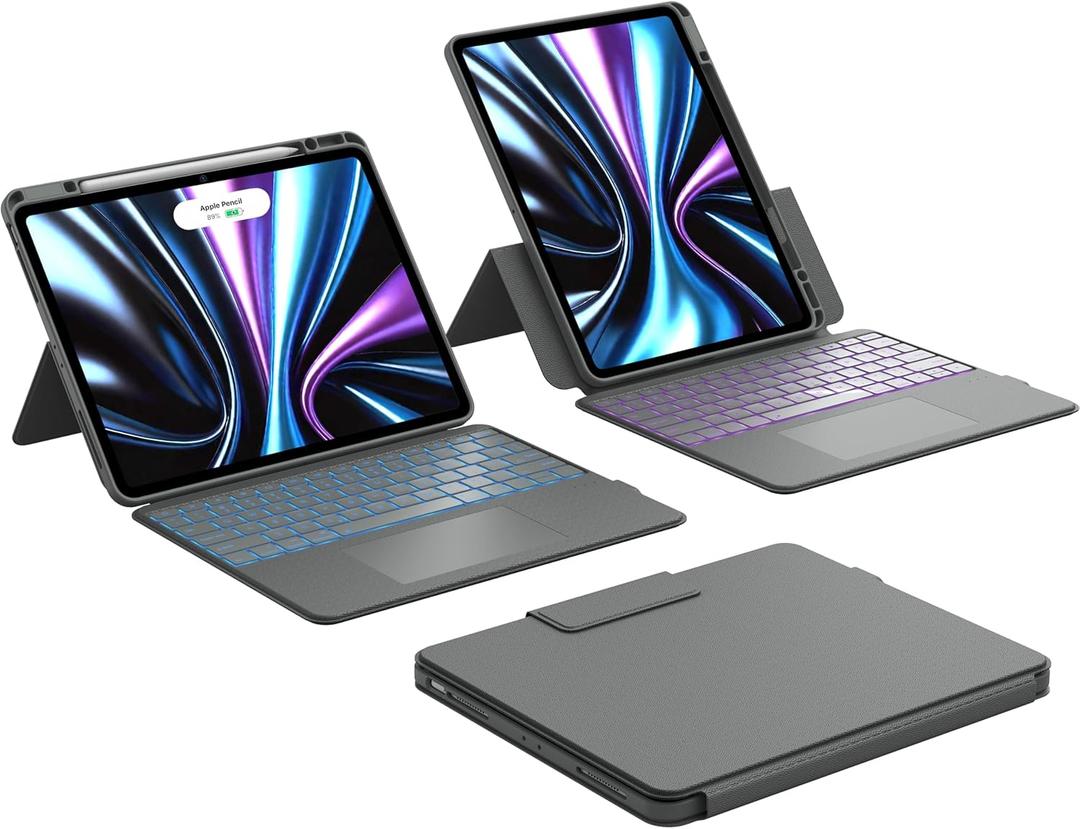CHESONA Rugged for iPad Air 13 Inch (M3/M2, 2025/2024), iPad Pro 12.9 Case with Keyboard, Magnetic Detachable Case & 7-Color Backlit, Smart Trackpad, 15-180 Adjustable, Portrait/Landscape, Gray