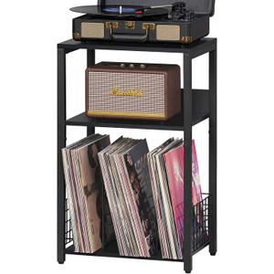 LELELINKY Black End Table, Small Side Table with Metal Frame,Modern Record Player Stand with Storage Shelf, Wood 3 Tier Sofa Bedside Tables, Narrow Nightstand for Living Room Bedroom Office