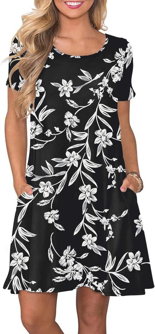 FZ FANTASTIC ZONE Women's Casual Summer T Shirt Swing Dresses with Pockets | Short Sleeve, Loose, Crew Neck, Solid or Floral, A-Line Mini Dress, 2026 Boho Flowy Sundress, Beach Vacation Tshirt Dress (Black, S)