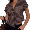 Floerns Women's Striped Button V Neck Shirt Dolman Sleeve Asymmetrical Hem Business Casual Tops (Brown, L)