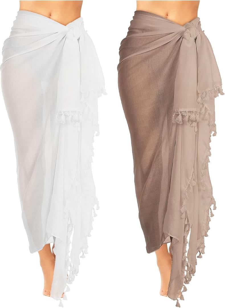 2 Pieces Women Beach Batik Long Sarong Swimsuit Cover up Wrap Pareo with Tassel for Women Girls (XL)
