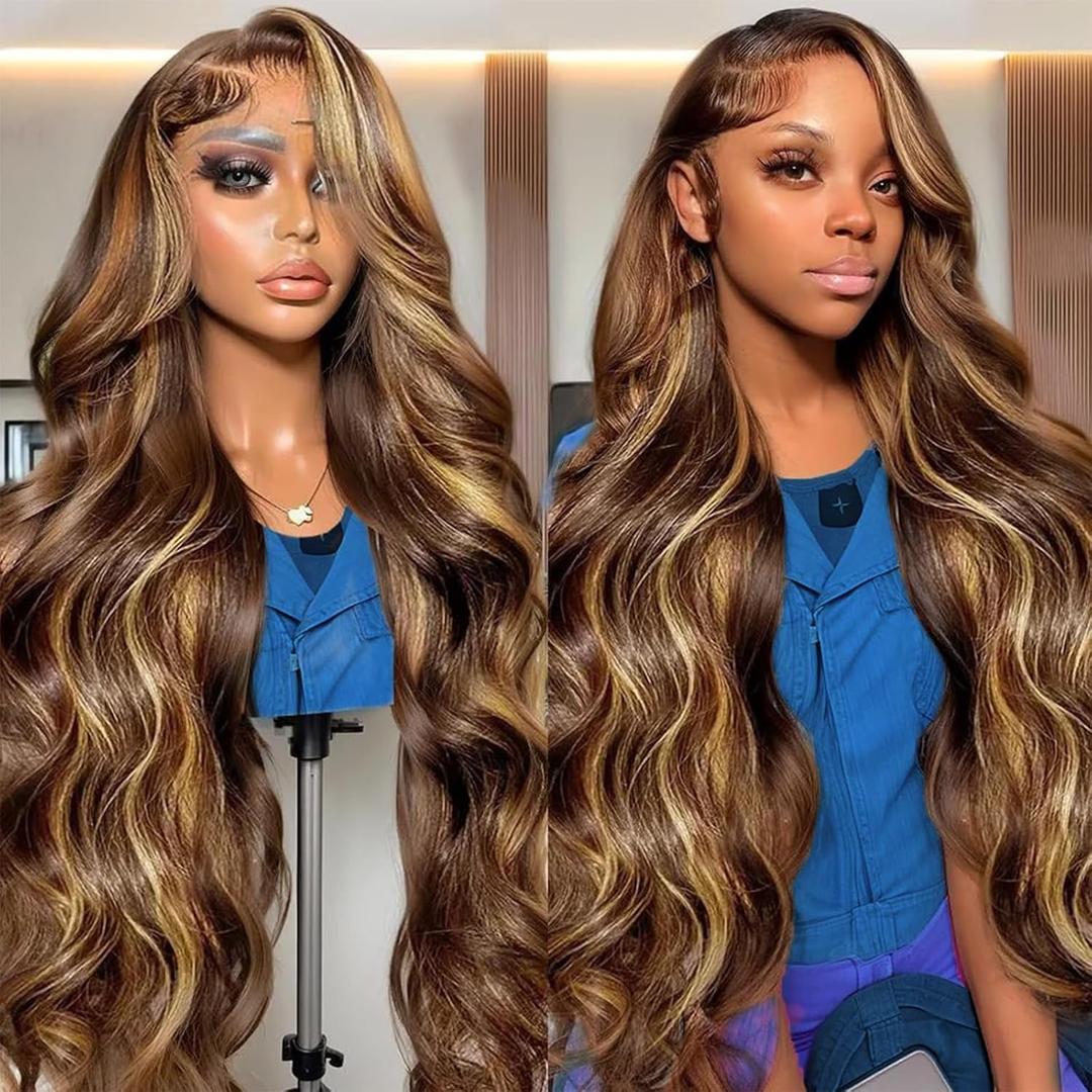 Honey Blonde Ombre Lace Front Wig Human Hair Highlight Body Wave Lace Front Wigs Human Hair Pre Plucked 200 Density Glueless Wig 13X6 HD Lace Frontal Wig for Women 4/27 Colored 30 Inch