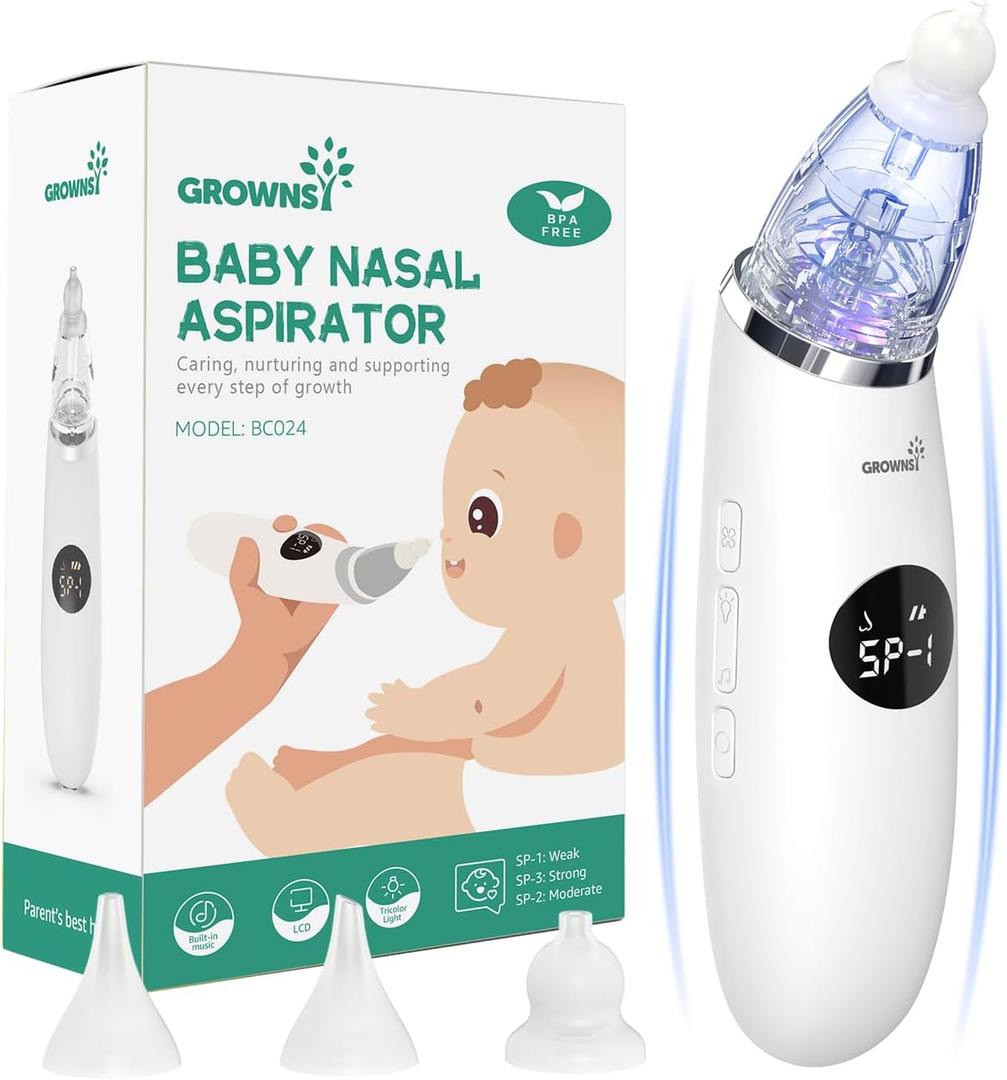 GROWNSY Nasal Aspirator for Baby | Baby Nose Sucker | Electric Nose Suction for Toddler, Ergonomic Booger Sucker with 3 Silicone Tips, Music & Light Soothing Function (White)