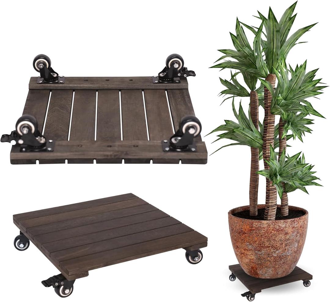 2PCs Wood Plant Caddy with Wheels 14 inches, Heavy Duty Rolling Plant Stand with 360 Lockable Wheels, Wooden Square Plant Dolly for Indoor and Outdoor Large Plants, Patio Pots, Walnut