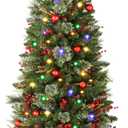Christmas Tree, 4 FT Front Door Christmas Trees Pre-lit Potted Artificial Tree with Lights, Pine Cones & Red Berries & Ball, Outdoor Tree & Potted Stand Trees for Porch Table Xmas Outdoor Indoor