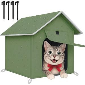 Outdoor Cat House with Cozy Cushion, Waterproof Insulated Cat Houses for Outdoor Cats, Shelter for Feral Pet Outside, Design for All Weather, Green