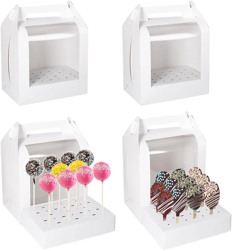 Portable Cake Pop Holder Boxes: 4Pcs Cake Packaging Containers with Clear Window - Lollipop Display Boxes Used for Weddings Baby Showers Birthday Parties