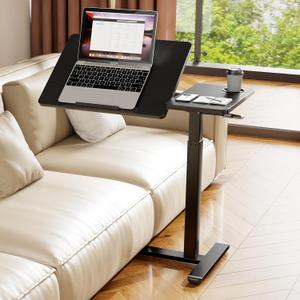 Foldable Overbed Table with Wheels, Pneumatic Height Adjustable Overbed Bedside Table, Tilting Desktop Mobile Standing Desk, Rolling Laptop Desk for Bed, Sofa, or Hospital Use (Black), 27.48 x 14.17 x 41.06 inches