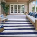 PureCozy Outdoor Waterproof Patio Rug 10x14 Plastic Straw Reversible Lightweight Outside Navy Blue Striped Large Carpet Outdoor for Camping RV Porch Deck Balcony Beach