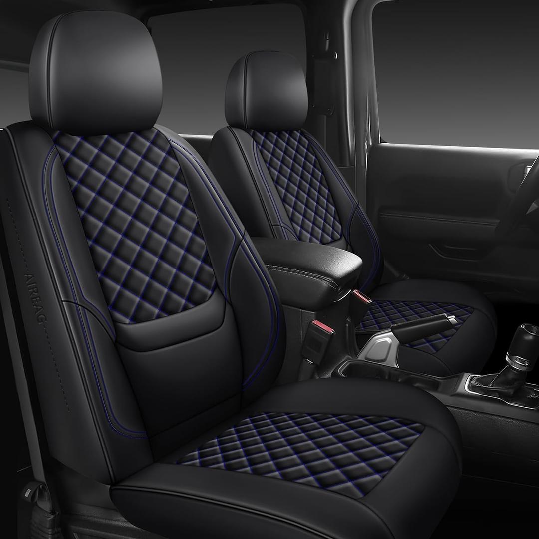Wrangler Seat Covers 2018-2026 Full Set, Waterproof Leather Interior Sets with Lumbar Support Custom Fit for Jeep Wrangler JL 4 Door Unlimited Sahara/Sport/Rubicon X 392 Willys, Black Blue