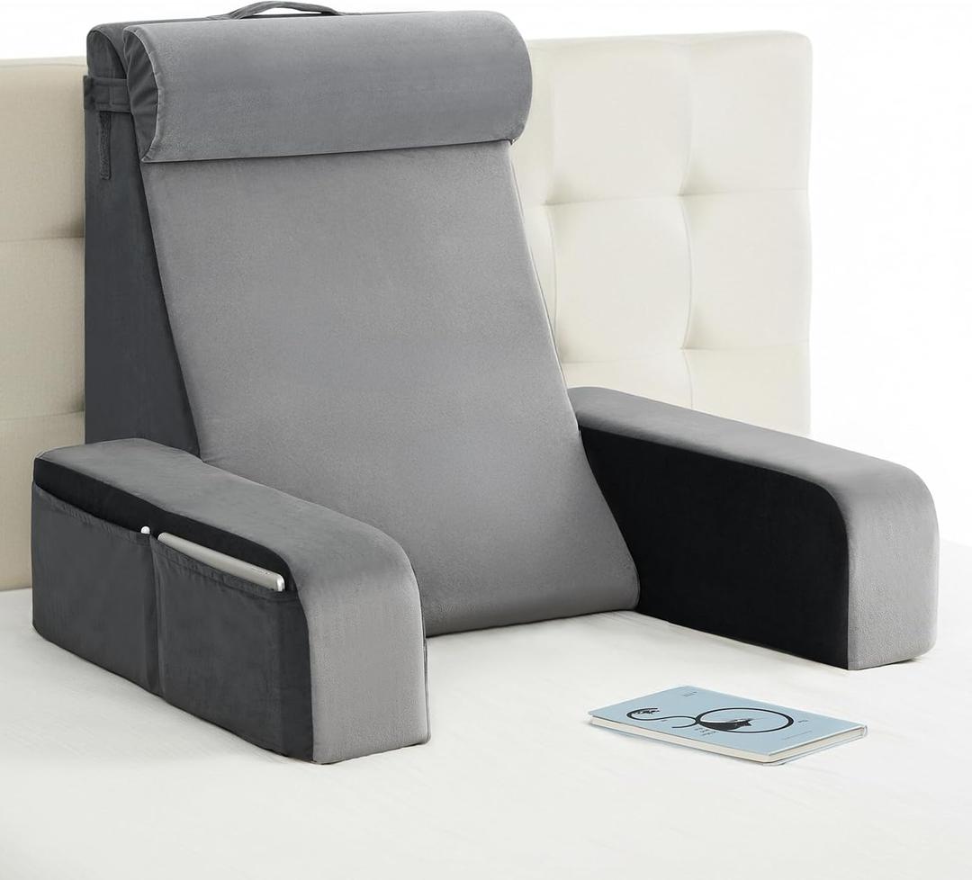Vekkia 25" Extra-Large Reading Pillow for Tall Adults 60 Ergonomic Wedge Back Pillow with Built-in Armrests, Adjustable Headrest & Large Pockets Ideal for Sitting in Bed, Reading, TV, and Gaming
