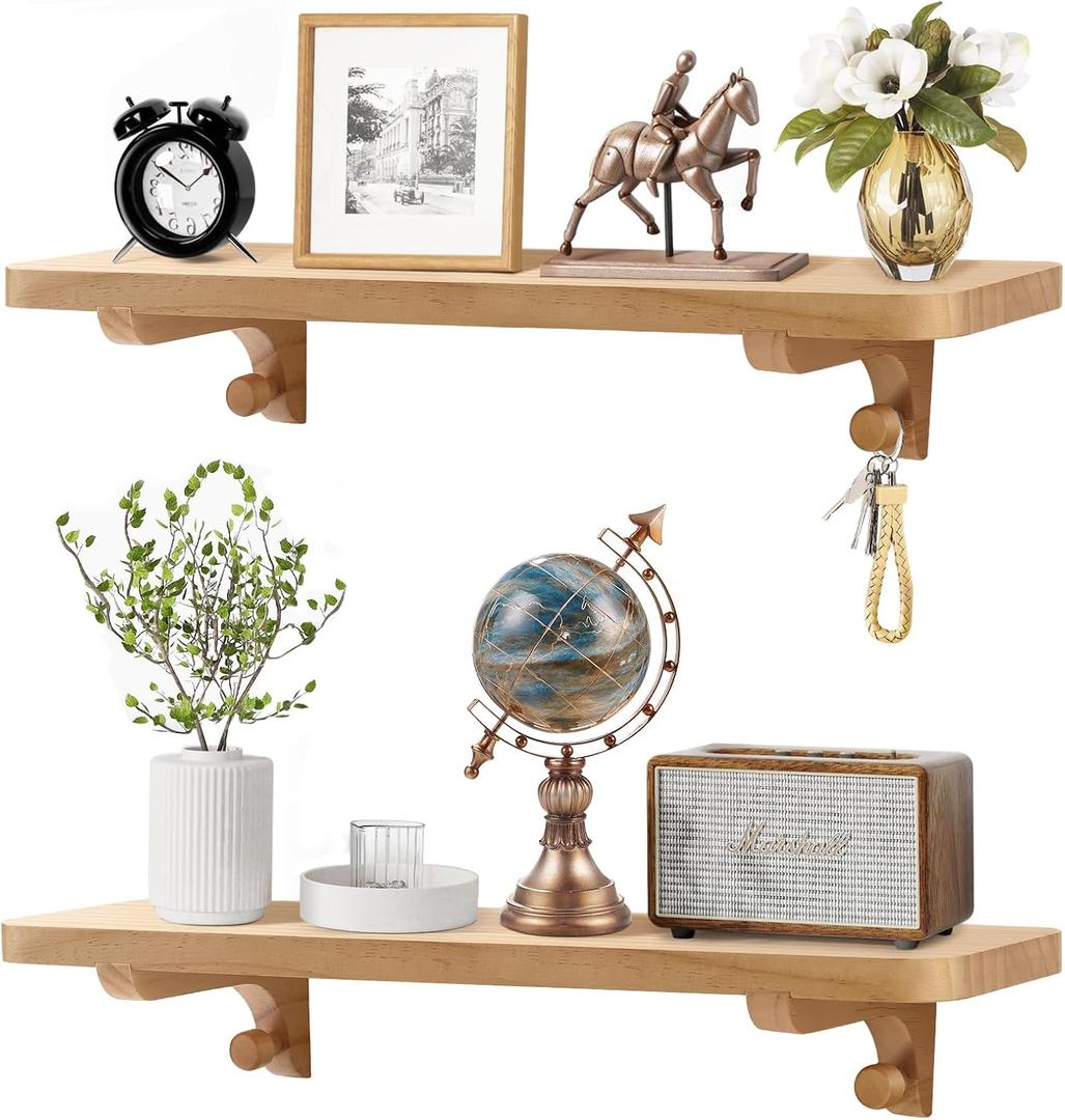 Wooden Floating Shelves for Wall, 22.6" W x 6" D x 0.8" H Large Wall Shelves, Hanging Storage Shelf with Hooks for Living Room, Kitchen, Bathroom, Bedroom Decor, Natural, 2 Packs