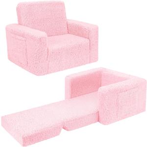 SLIGUY Toddler Couch Convertible Sofa to Lounger Pull Out Couch Sherpa Cover Dark Pink, Medium