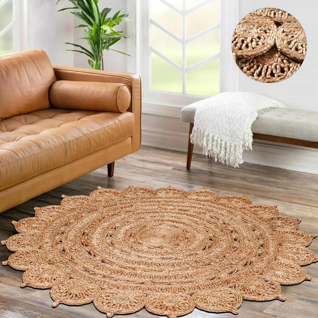 Hand Woven Jute Area Rug - 3' Round - Rustic Beige Reversible Farmhouse Rugs for Living Room, Bedroom, Kitchen - Vintage Natural Braided Entry Floor Dcor Circle Boho 3 ft Round Rug (3' (Round), Natural Jute 2)