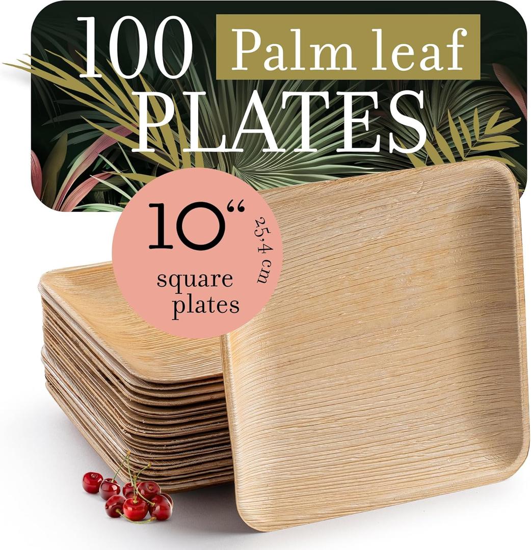 brheez Bamboo Plates Disposable Made From Palm Leaf - 100 Pack (10 inch) Eco Friendly Compostable & Biodegradable-Disposable Party Plates Heavy Duty more Environmentally Friendly than Paper Plates (10" Square Plates)
