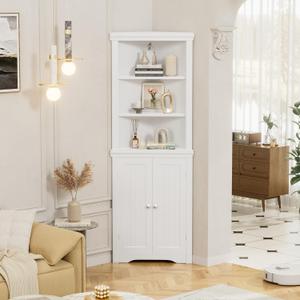 Flamaker Corner Cabinet, Freestanding Corner Shelf with 2 Doors and 3 Shelves, Bathroom Corner Storage Cabinet for Bathroom, Living Room, Kitchen (White)
