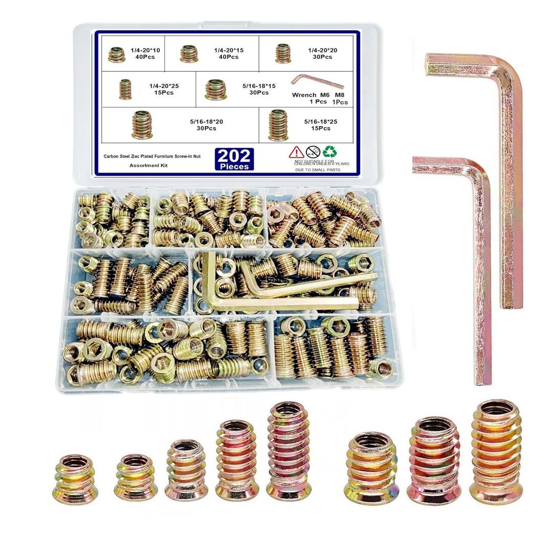 200pcs Threaded Inserts for Wood, 1/4"-20 5/16"-18 Screw in Nut Assortment Kit, Hex Drive Nut Insert for Home Office Furniture