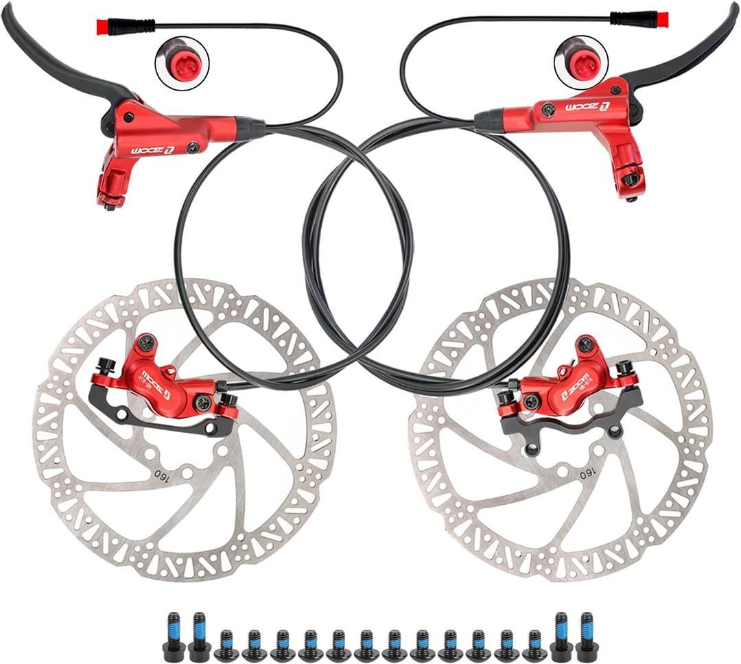 ZOOM HB876E Hydraulic E-Bike Brake Kit 4-Piston Calipers with 2/3-Pin Power Cut-Off Sensor, Pre-Bled with Mineral Oil, Includes 160mm Rotors
