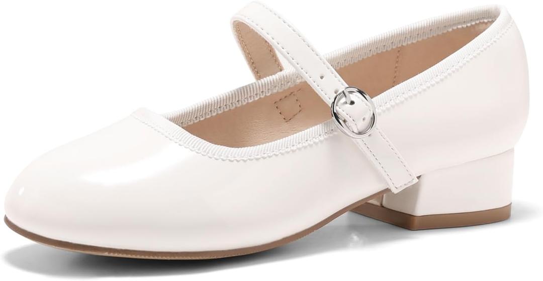 Coutgo Girls Dress Shoes Mary Jane Shoes Low Chunky Heel Flower Girl Wedding Party Flats for Big Kids, White, Size 4