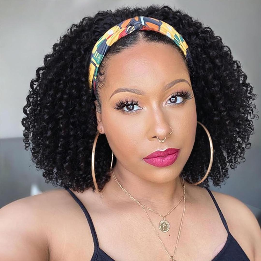 Short Curly Headband Wig for Black Women 12 Inch Deep Wave Kinky Curly Synthetic Wig, Glueless No Lace Wear & Go Headband Wigs with Headband Attached, Daily Use Party Half Wig