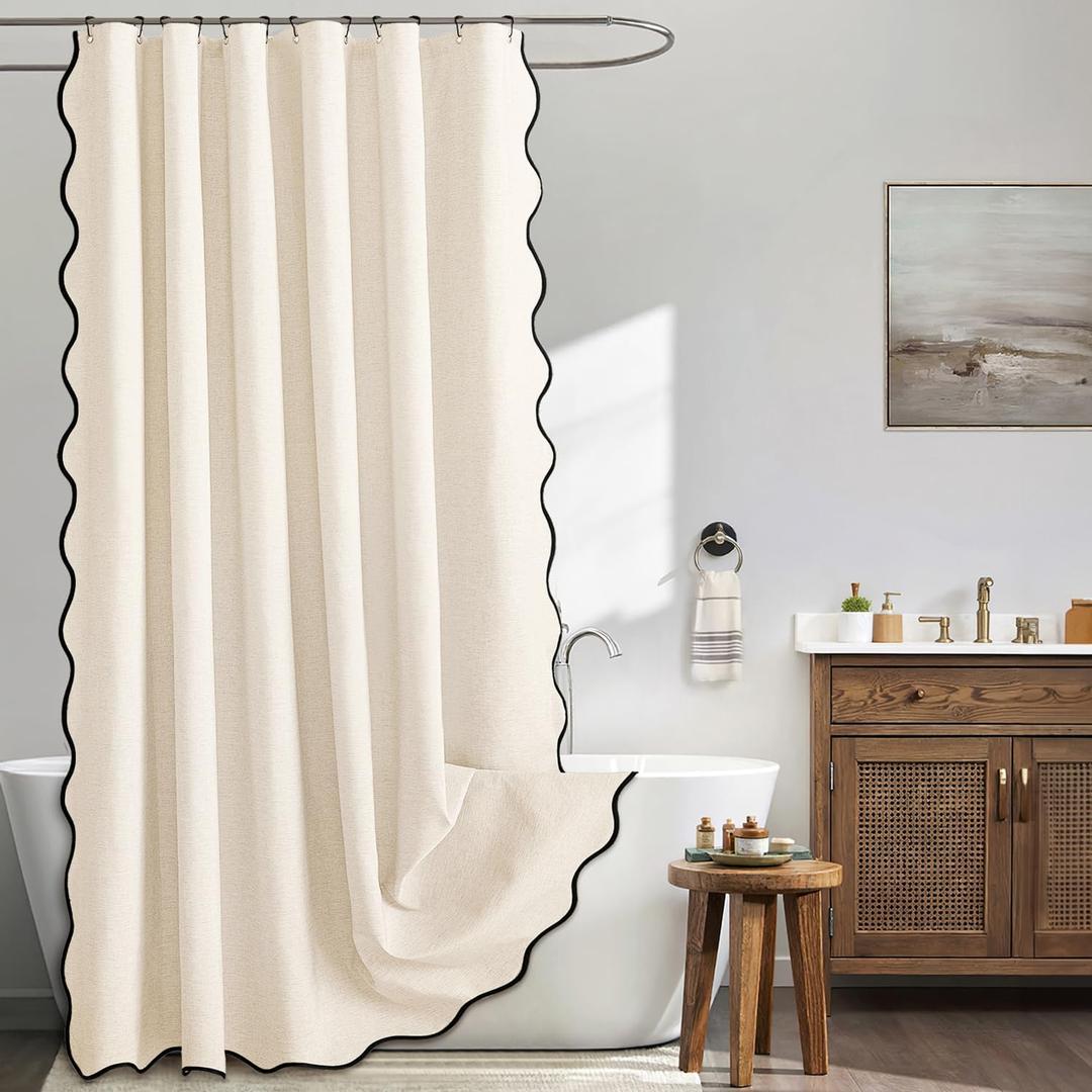 MIULEE 84" Long Scalloped Shower Curtain Linen Textured with 12 Metal Hooks Cute Extra Long Heavy Duty Washable Waterproof Cloth Shower Curtains with Black Border for Bathroom Hotel,Cream White