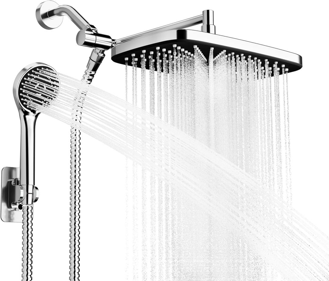 Wide Rain Shower Head With 5 Modes Handheld Showerheads, High Pressure Showerhead Combo with Extension Arm for Bathroom Accessories, Adjustable Shower Head with Anti-Clog Nozzles (Chrome)