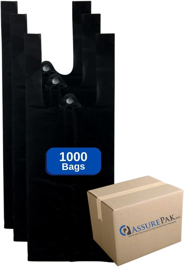 Extra Small Duty Black Unprinted HDPE T-Shirt Plastic Bags for Retail, Groceries, Merchandise, Convenience Store, Supermarket, Restaurant - 4"x3"x10" - 1000 Bags - 12 microns - Black