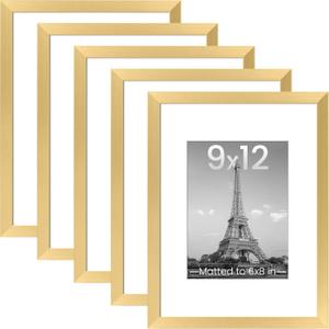 upsimples 9x12 Picture Frame Set of 5, Display Pictures 6x8 with Mat or 9 x 12 Without, Wall Gallery Photo Frames, Gold