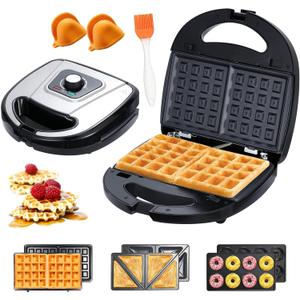 JOVELL 3-in-1 Mini Waffle Maker with Non-Stick Plates, Electric Sandwich Maker, Mini Donut Maker, Breakfast Sandwich Maker Press with Removable Plates, Compact Design & Adjustable Temperature Knob (Grey)