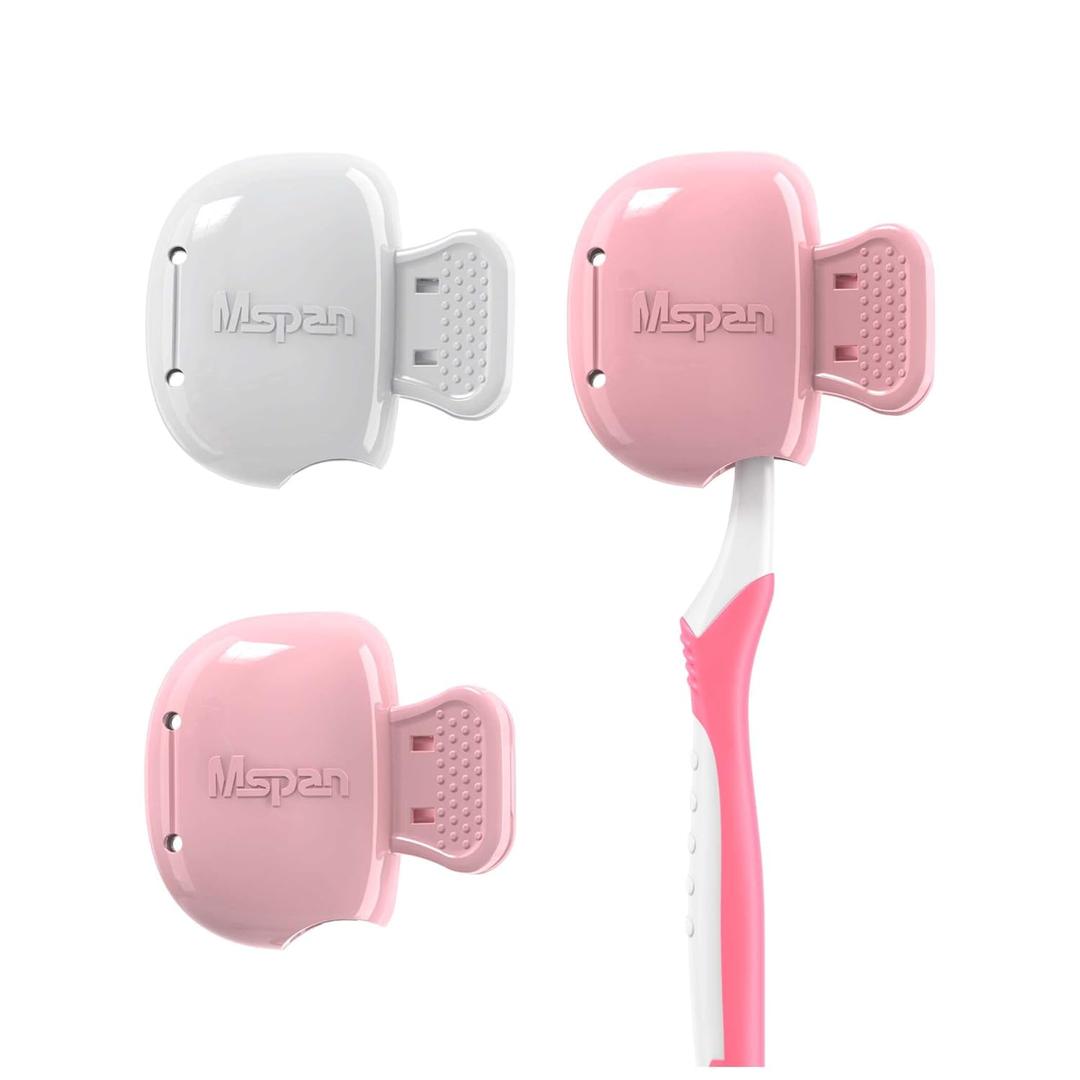 Mspan Toothbrush Head Cover Cap: Tooth Brush Travel Case Protector Plastic Clip Compatible with Manual & Electric Toothbrush for Adults Kids - 2 Packs (Pink, White)