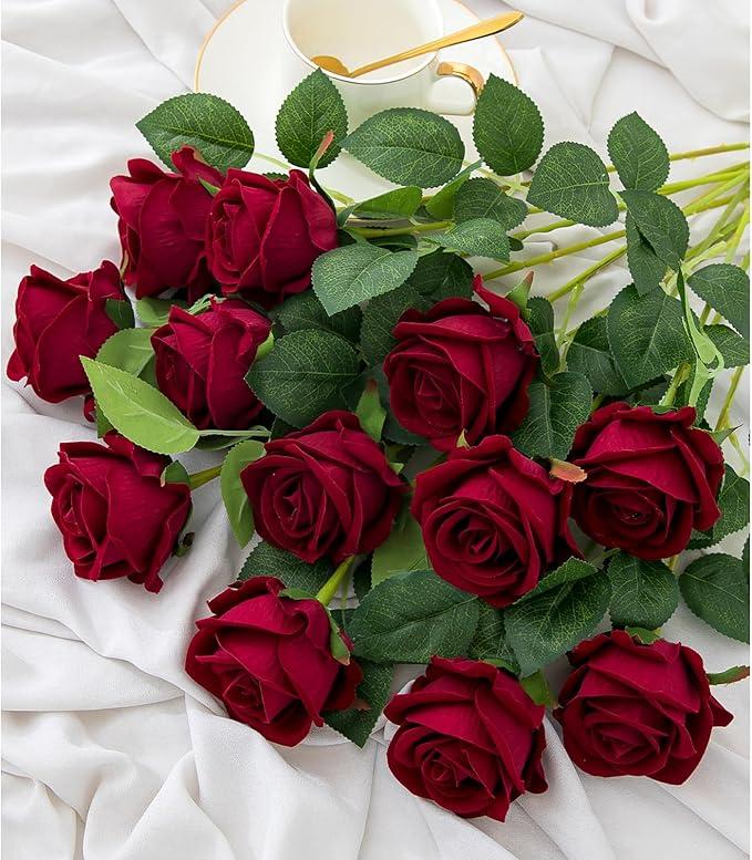 Hawesome 12PCS Artificial Flowers Fake Roses, Realistic Velvet Long Stem Red Roses Bouquet for Wedding Centerpiece Home Decor Party & Valentines (Wine)