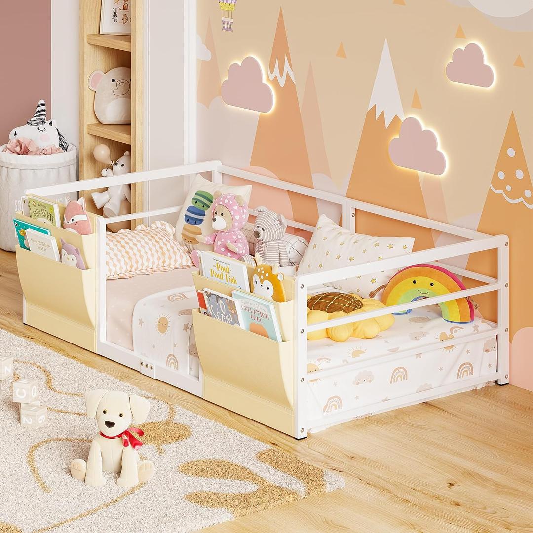 Timy Montessori Floor Bed for Kids with Safety Guardrails and Bedside Caddy, CB