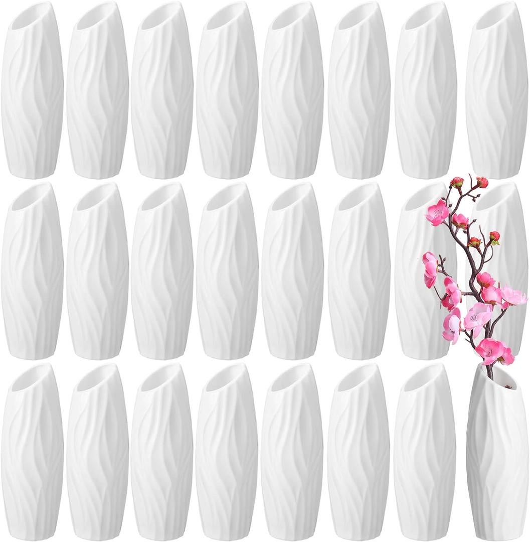 24 Pcs Composite Plastic Flower Vase Ceramic Look Decorative White Unbreakable Plastic Vases for Flower Centerpieces for Living Room Table Home Decor(Elegant Style)