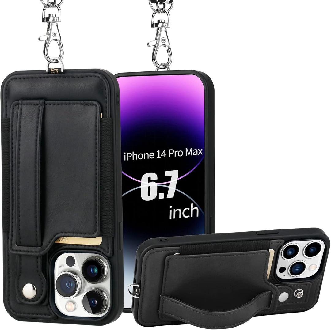 TOOVREN Wallet Case for iPhone 14 Pro Max with Card Holder Lanyard Phone Cover fits iPhone 14 Pro Max Case with Wallet Strap Stand Leather Kickstand for Women & Men 6.7 Inch Black